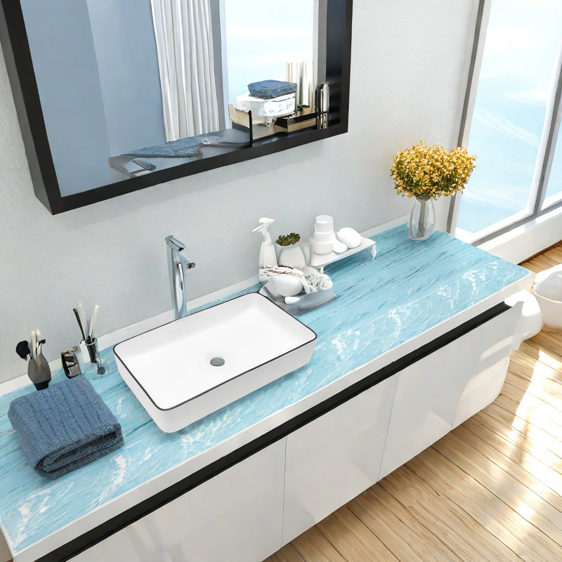 APRESSHUI Bathroom Sink 14'' Ceramic Rectangular Bathroom Sink, White/Black