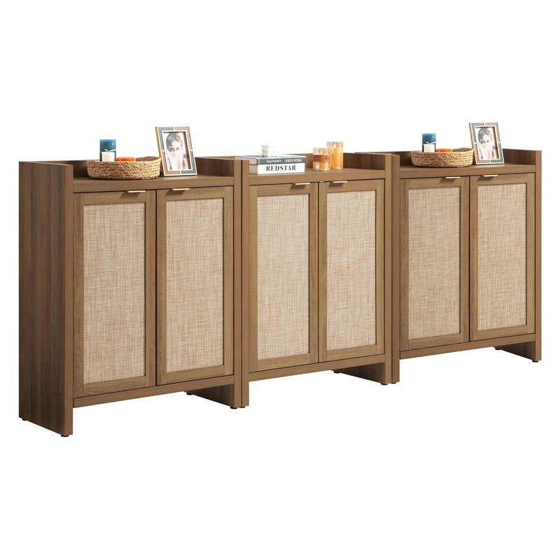 6-Tier Rattan Shoe Cabinet With Doors And Shelves, Large Capacity Farmhouse Storage Organizer For Entryway And Hallway, Durable Wooden Shoe Cabinet Set Of 3