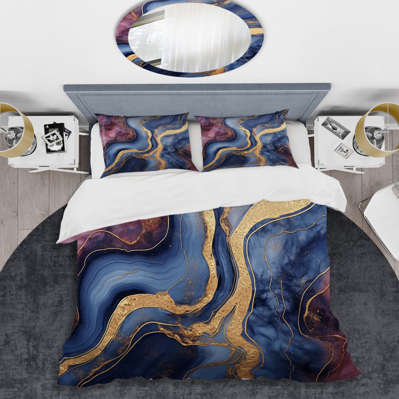 Ensemble de housse de couette en marbre bleu et doré Abstract Marble Essence II
