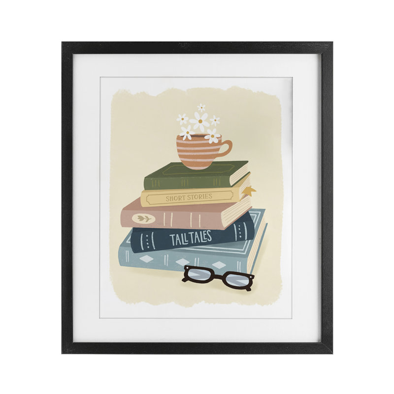Pile de livres Minimal avec verres, reproduction encadrée sous verre, design par Sandra Picco, Cadre noir minuit