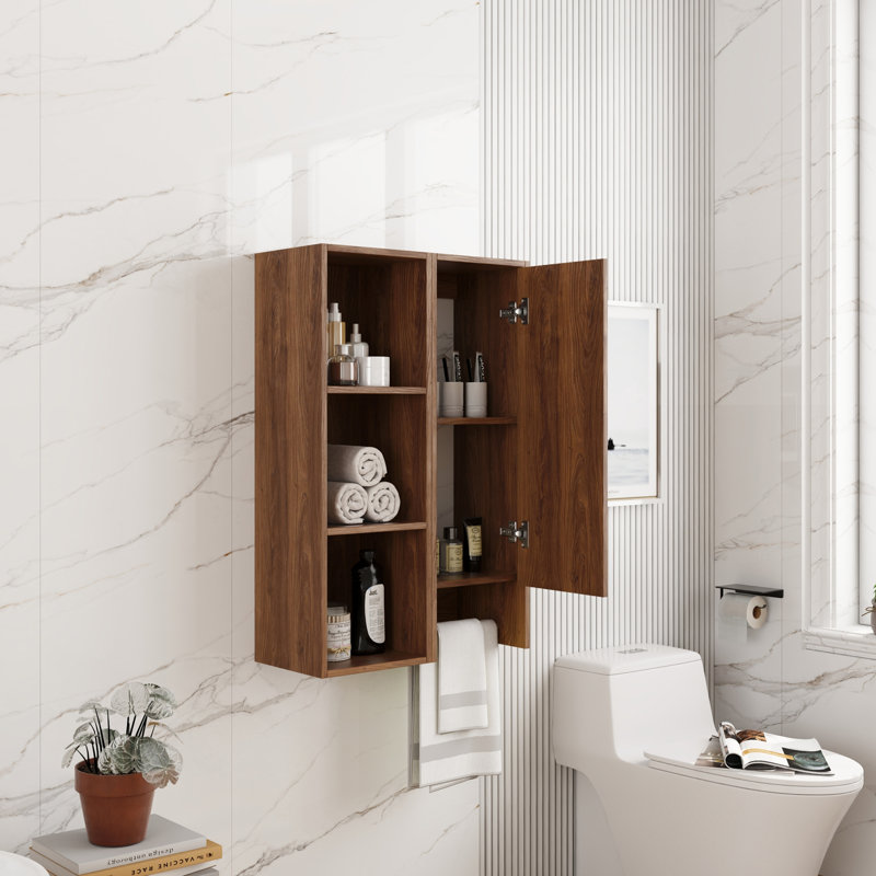 24 Inch Wall-Mounted Side Cabinet and Storage Shelves Combination, Soft Closing Door, Suitable For Small Bathroom, Study, Storage Room, Brown Ebony (KD-Packing)