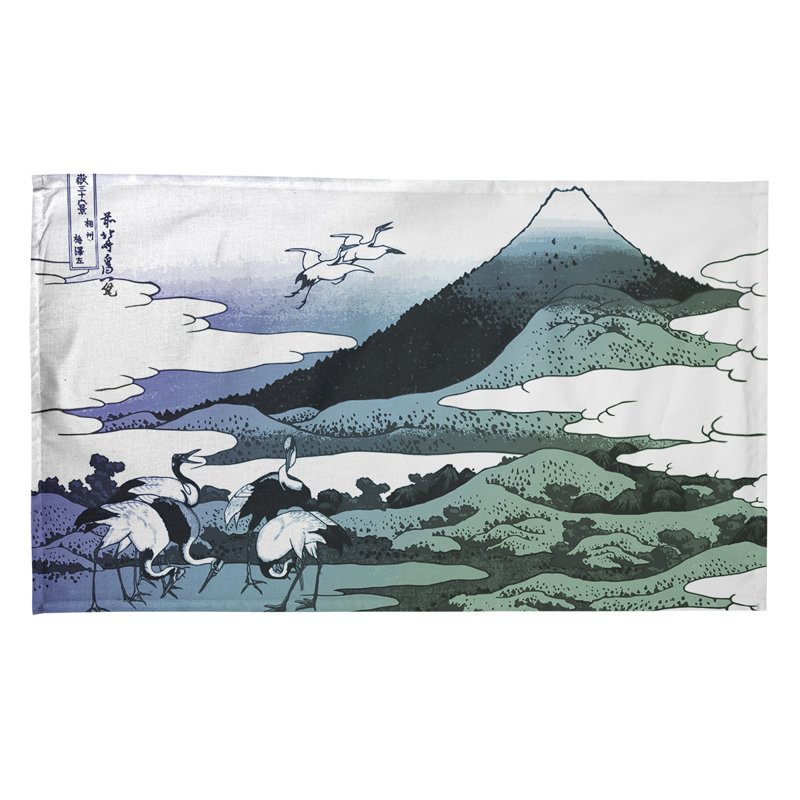 Serviette de thé japonaise grues, Polyester sergé, Vert foncé