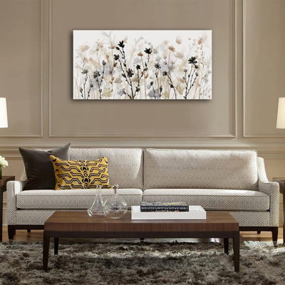 Abstrait floral, art mural sur toile gris, crème, blanc, herbe, fleurs, images sur toile, peinture de paysage moderne, œuvre botanique pour le salon, la chambre, la cuisine, le bureau, la décoration murale, prête à être suspendue, 20 po x 40 po