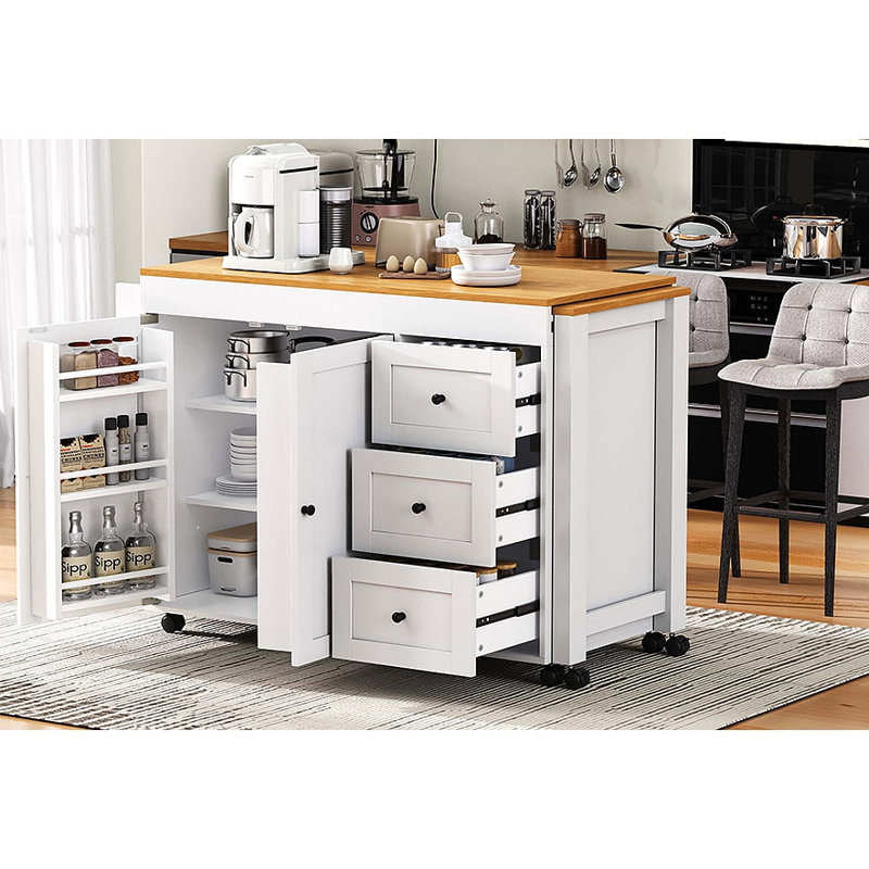 74.8" Kitchen Island With Extendable Dining Table, Kitchen Storage Cart With 3 Drawers, Power Outlet, Rolling Kitchen Island On Wheels With Spice Rack And 2 Door Cabinet, For Kitchen