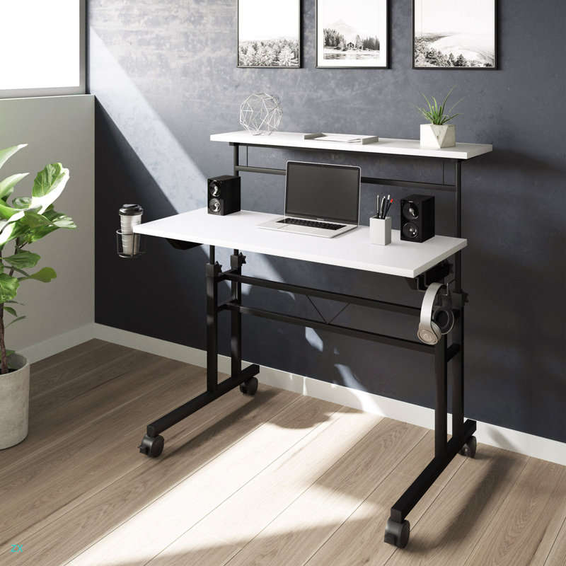Bureau d'écriture roulant avec hauteur réglable et tablette mobile, Blanc/Noir