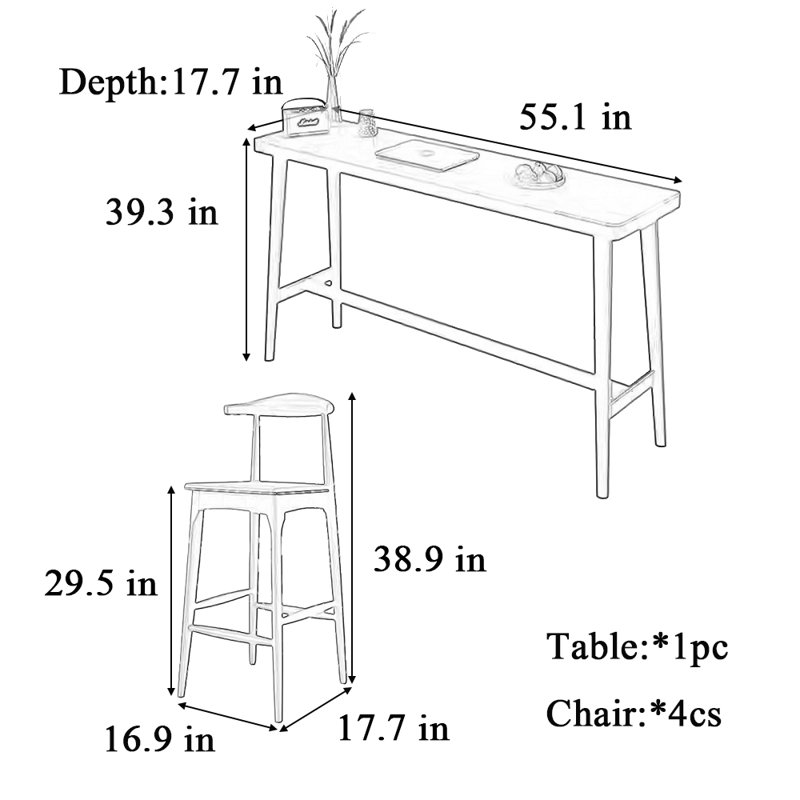 Tables et chaises de bar simples et modernes en bois massif, H 39,3 po x L 55,1 po x l 17,7 po