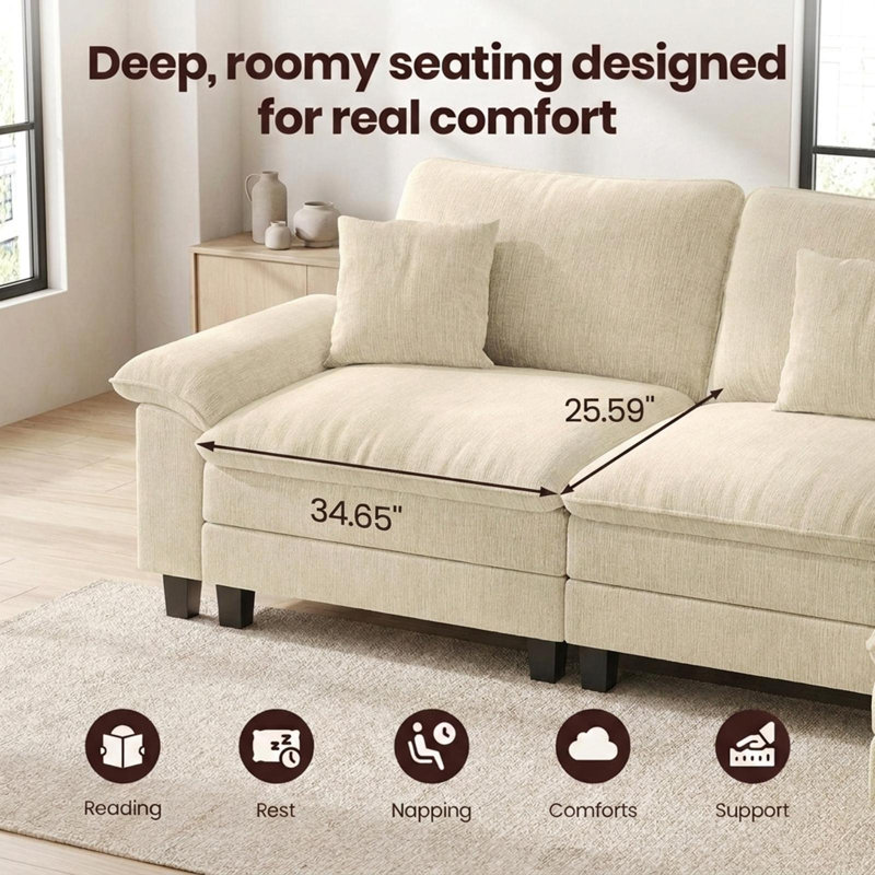 123'' Cloud Modular Couch Sofa, Oversized 3 Seat Comfy Sofa For Living Room, Sectional Couches With Ottoman, Detachable Seat Cushion & Backrest Cover, Chenille Fabric Beige