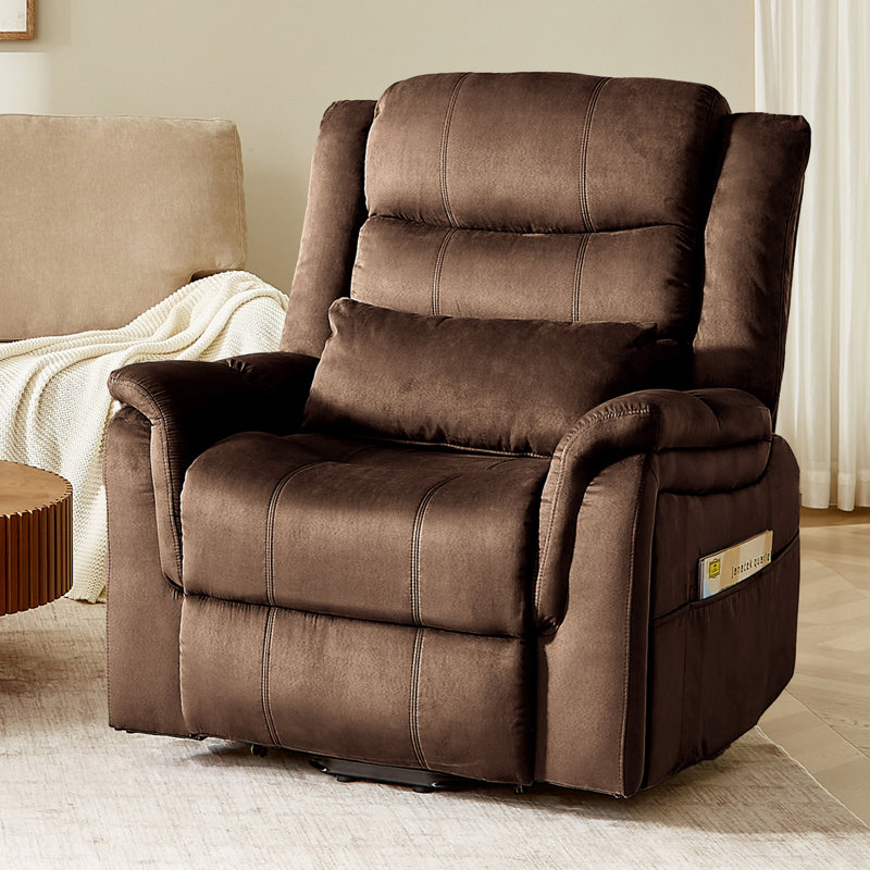 37 In. W Microfiber Power Lift Recliner Chair With 8-Point Massage, Heating, Storage Pockets, And Removable Pillow, Brown