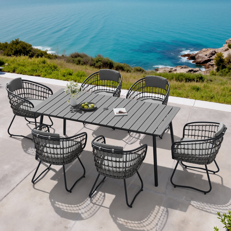 6 - Person Metal Patio Dining Set With Removable Cushions And Umbrella Hole, Gray Cushion/Dark Gray Table Top