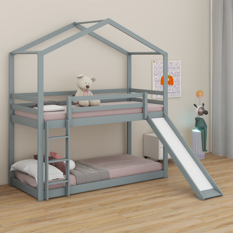Bunk Bed with Roof, Slide and Ladder, Gray