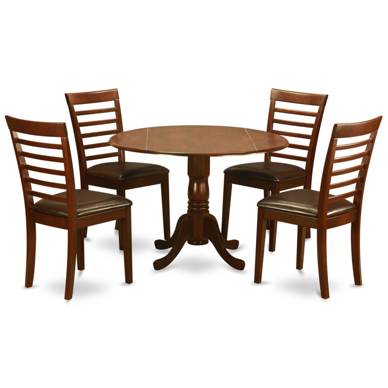 5 Piece Modern Dining Table Set Includes a Round Wooden Table with Dropleaf and 4 Faux Leather Upholstered Dining Chairs, 42x42 Inch, Mahogany