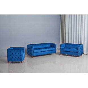 Ensemble de canapé de salon 3 pièces en tissu capitonné noir avec rivets argentés