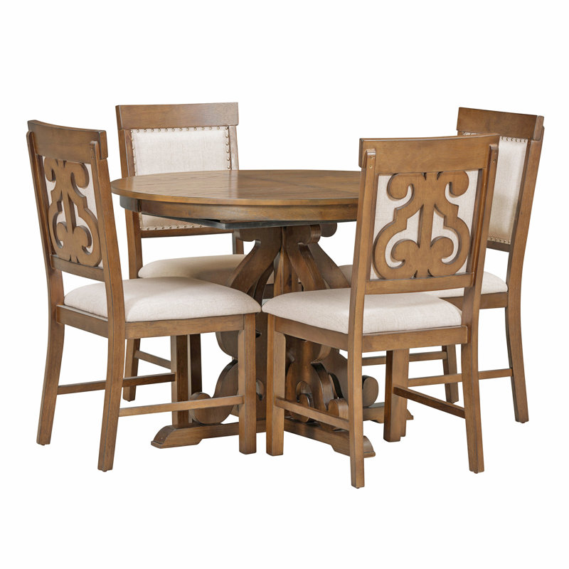 5-Piece Retro Functional Dining Set, Walnut, Walnut/Beige