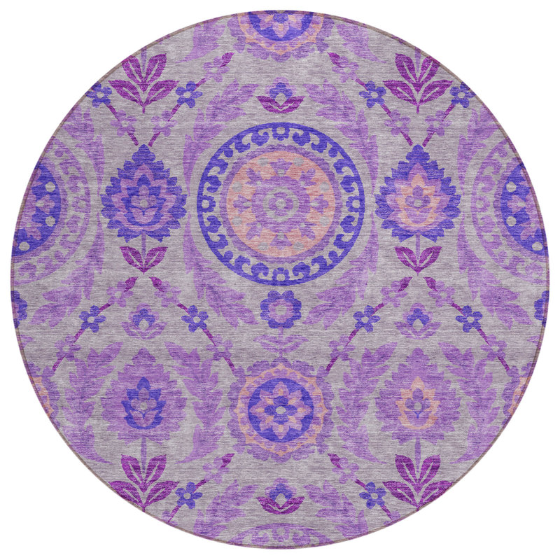 Tapis rond lavable à motif floral lilas et gris 8 po
