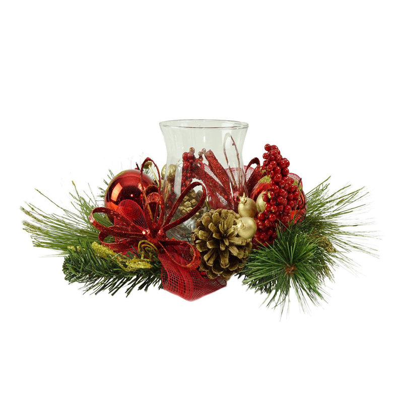 Porte-bougie de Noël 18 pouces avec branches de pin et baies scintillantes