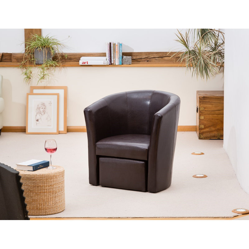 Hicks Faux Leather Barrel Chair With Footstool, Brown