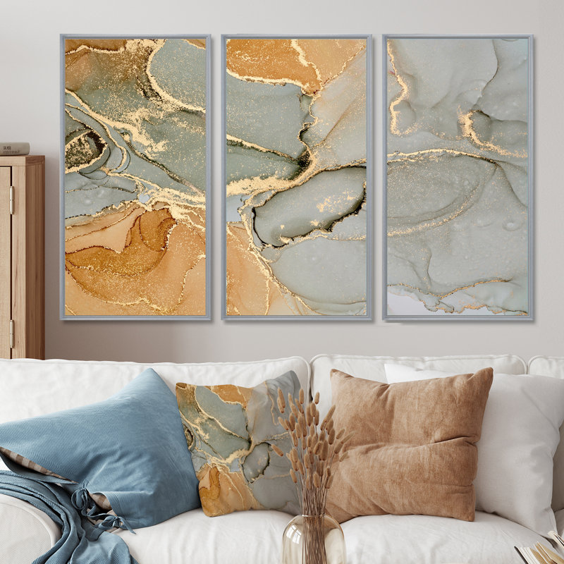 "Brown Luxury Abstract Fluid Art VI", 3 pièces, cadre flottant, impression sur toile, H 28 po x l 36 po, Argent