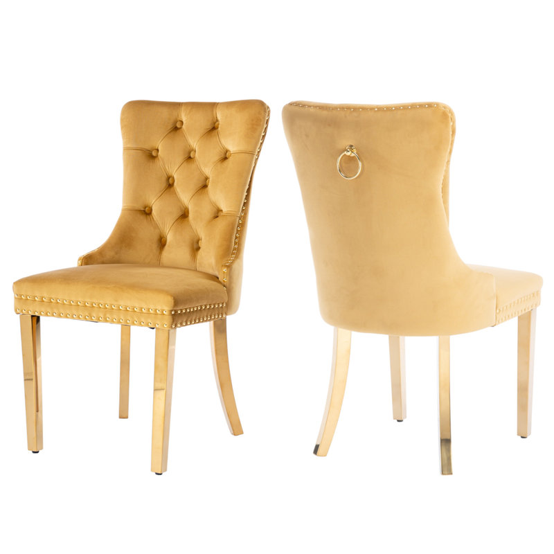 Tufted Velvet Wing Back Side Dining Chairs, Gold, Mirror Gold