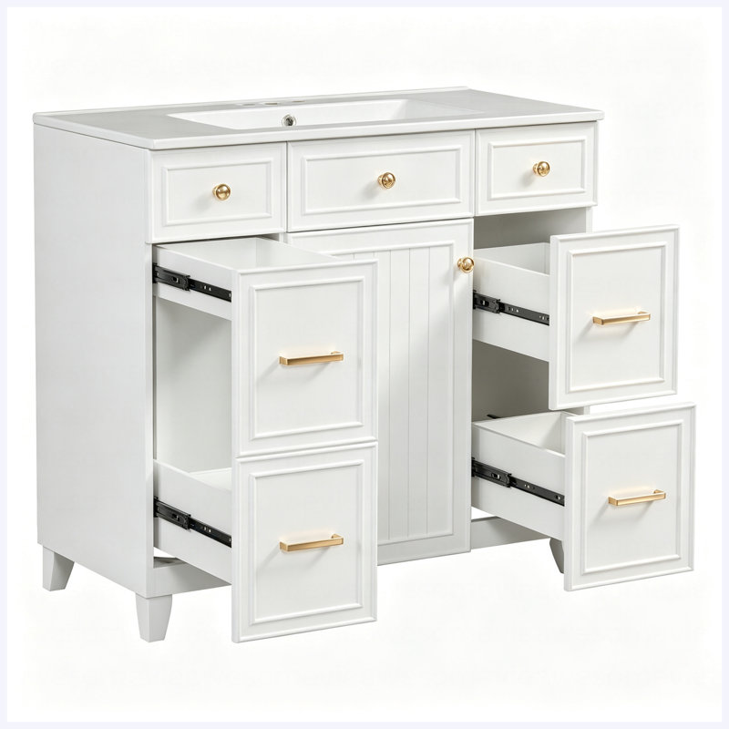 Meuble-lavabo autoportant de 36 po avec lavabo en céramique, structure en bois massif, portes à fermeture en douceur, 3 tiroirs avec tiroir à double profondeur, tablettes réglables, blanc
