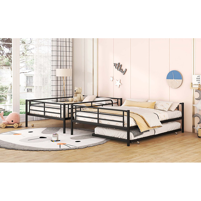 Full XL Over Queen Metal Bunk Bed with Trundle, Noir
