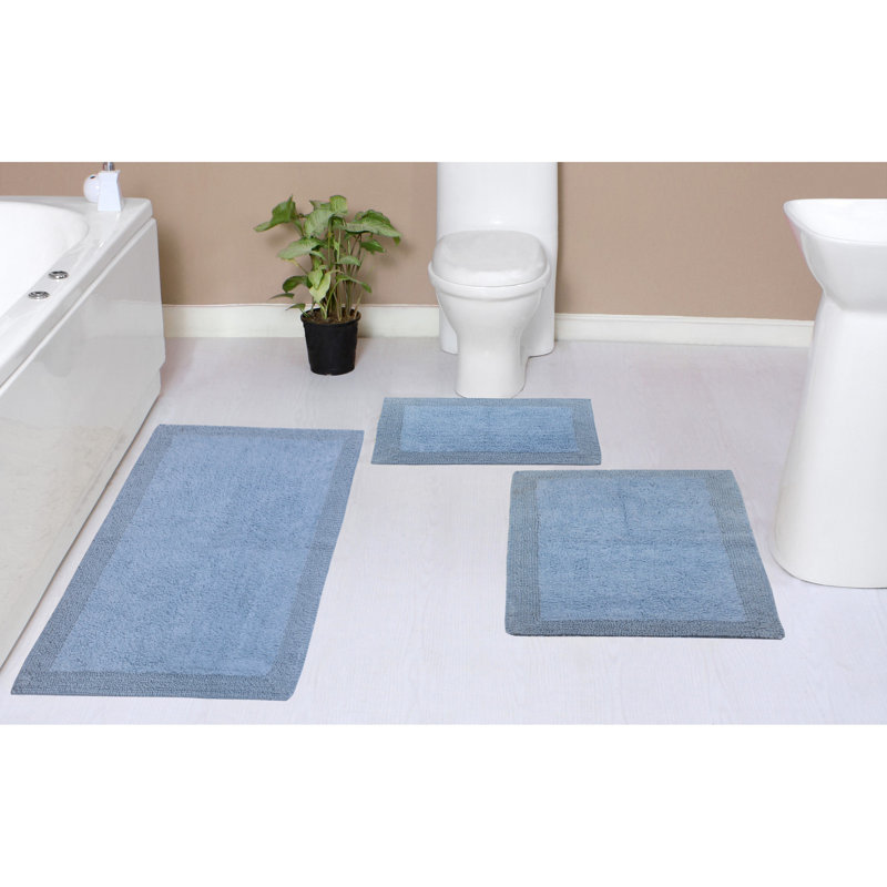 Bruss Luxury 100% Cotton Reversible Bath Rug (Set of 3), Blue