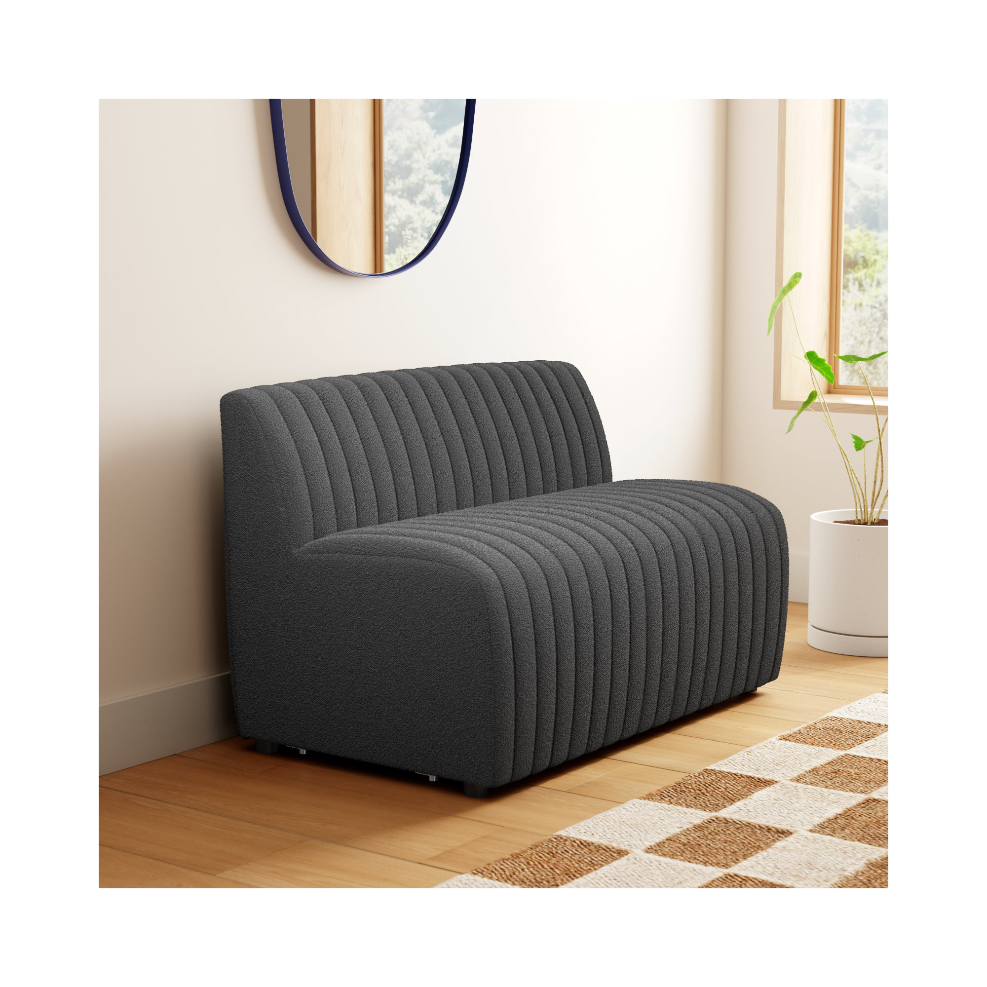 Brandt Bench, Fiqa Charcoal Boucle, 31.5" H x 49" W x 28" D