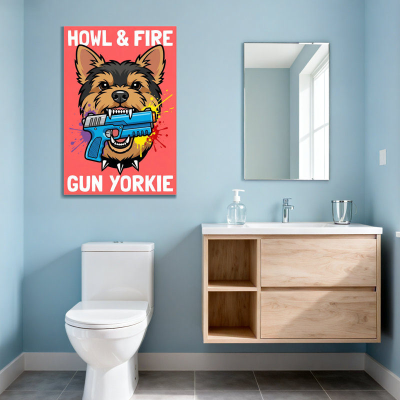 Chiens de Yorkie avec pistolet, H 36 po x l 24 po