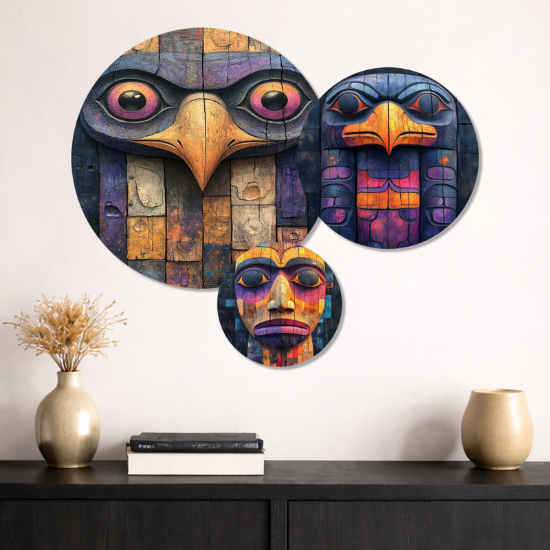 Black Ravens Call Totem I - Native American Art, ensemble d'art mural en métal 3 pièces