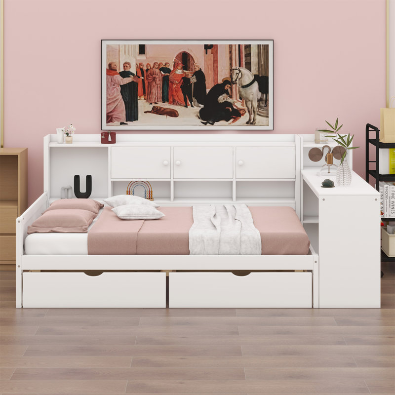 Wooden L-Shape Daybed With Storage Cabinets And Two Storage Drawers, Multi-Functional Bed With Study Desk And Built-In Bookshelf