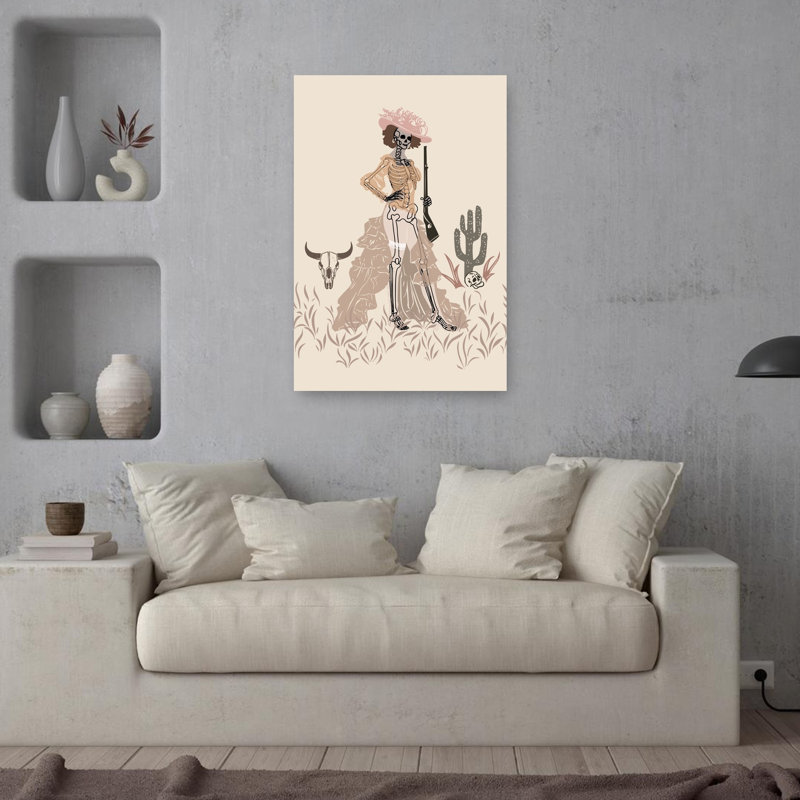 Elegant Skeleton Cowgirl Elegant Gothic Vintage Bull Cactus Landscape Nature Wall Art Print 1 Piece Wrapped Canvas Wall Art