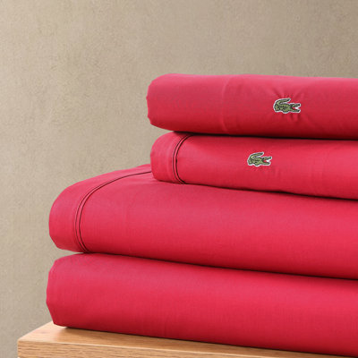 Lacoste Cotton Percale Sheet Set, Cooling & Breathable Bedding, Deep Pocket Fitted Sheet, Chili Pepper, Full