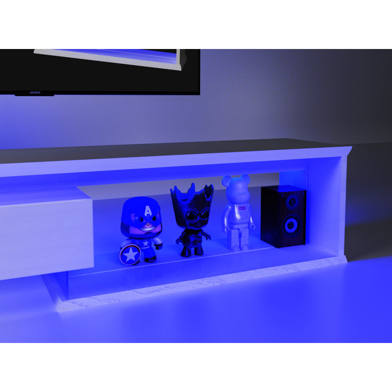 Meuble télé à DEL extensible 2 / télécommande, console de télévision avec centre de divertissement moderne avec armoires, blanc