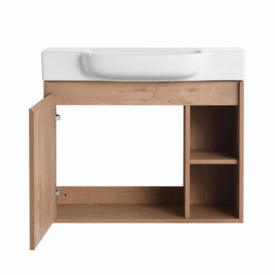 Meuble-lavabo mural avec lavabo en céramique et tablettes ouvertes