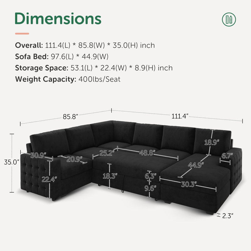 Chasidi U-Shaped Sectional Sofa Bed Pull Out Sleeper Couch With Storage Chaise, Black Velvet