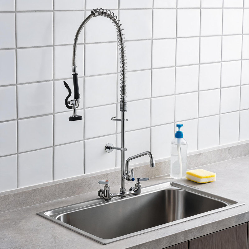 Robinet de cuisine mural en laiton commercial avec débit d'eau de type pivotant et buse de rinçage coulissante, compatible avec différentes tailles d'éviers de type cubique.