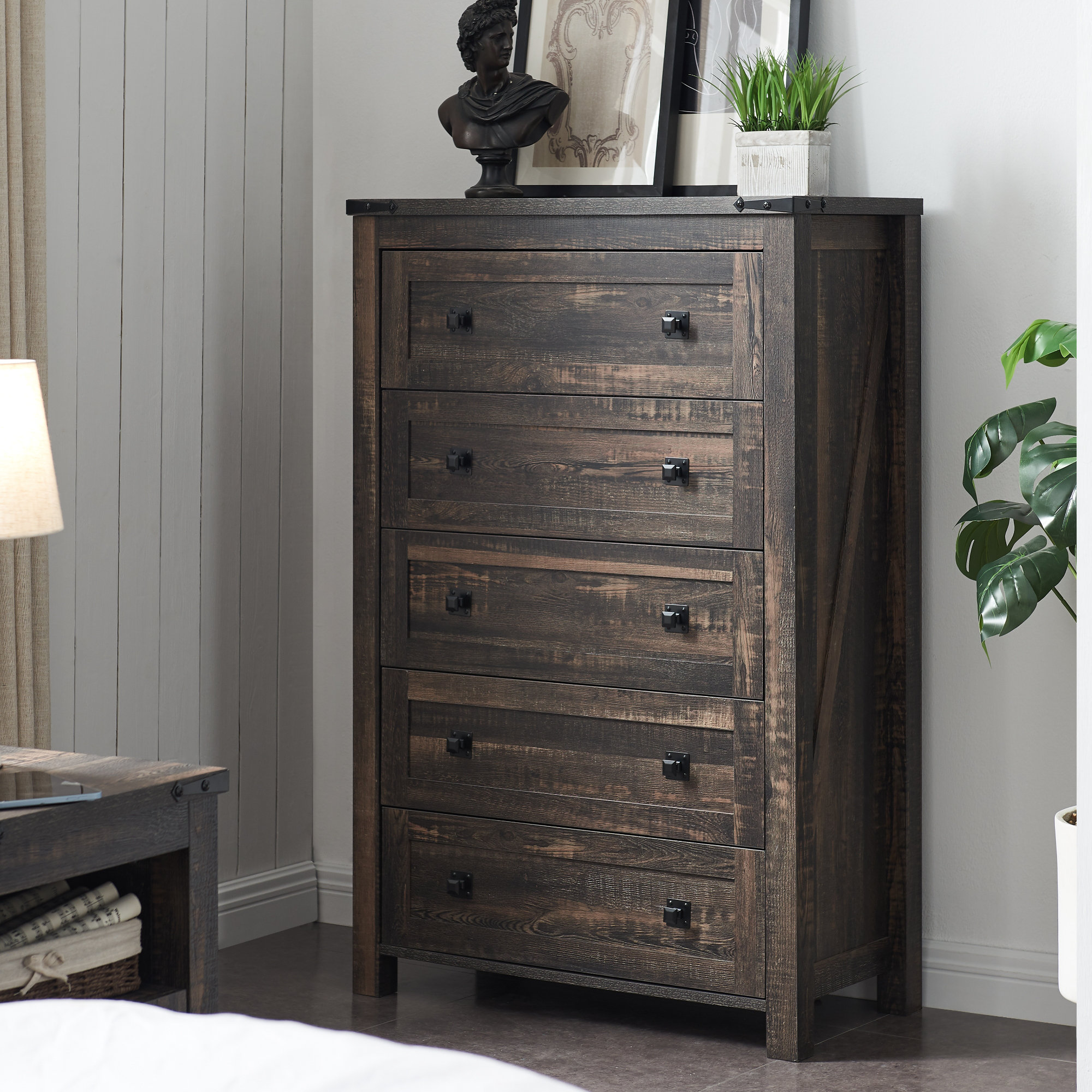 Grantville Farmhouse 5 - Drawers Dresser Organizer, Rustic Tall Chest of Drawers for Bedroom