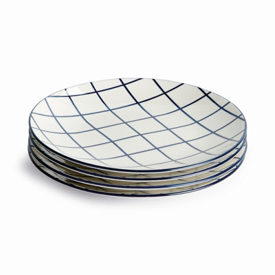 Amaly Cobalt Strie Dishwasher-Safe Porcelain Grid Plates 8.5 in., Set of 4