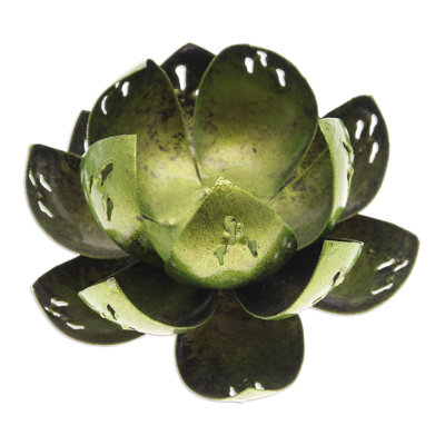 Bungalow Rose Handmade Precious Lotus In Light Green Steel Tealight Holder