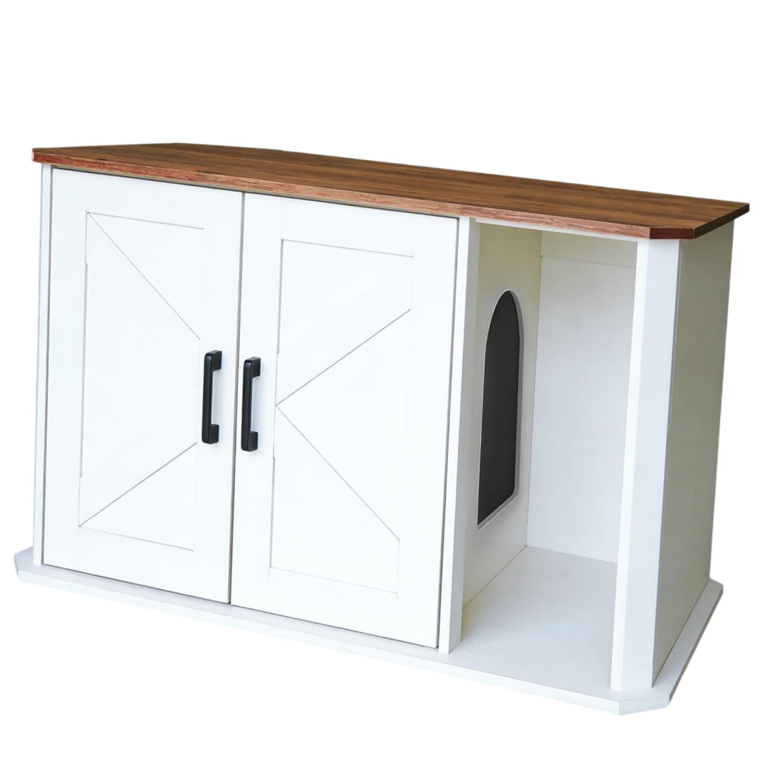 Cat Litter Box Enclosure, 85 x 49 x 50 cm Hidden Litter Box Cabinet Furniture with Double Doors & Side Entry, Farmhouse Style Odor Control Indoor Cat
