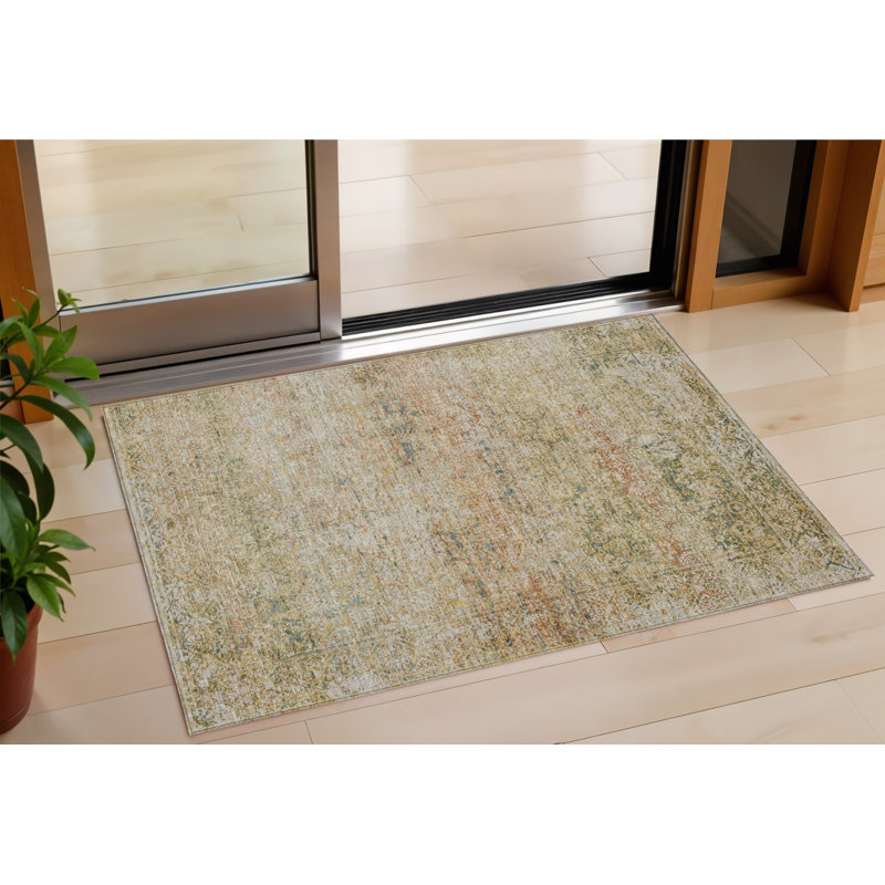 Tapis extérieur lavable abstrait doré et beige 3 pi x 5 pi