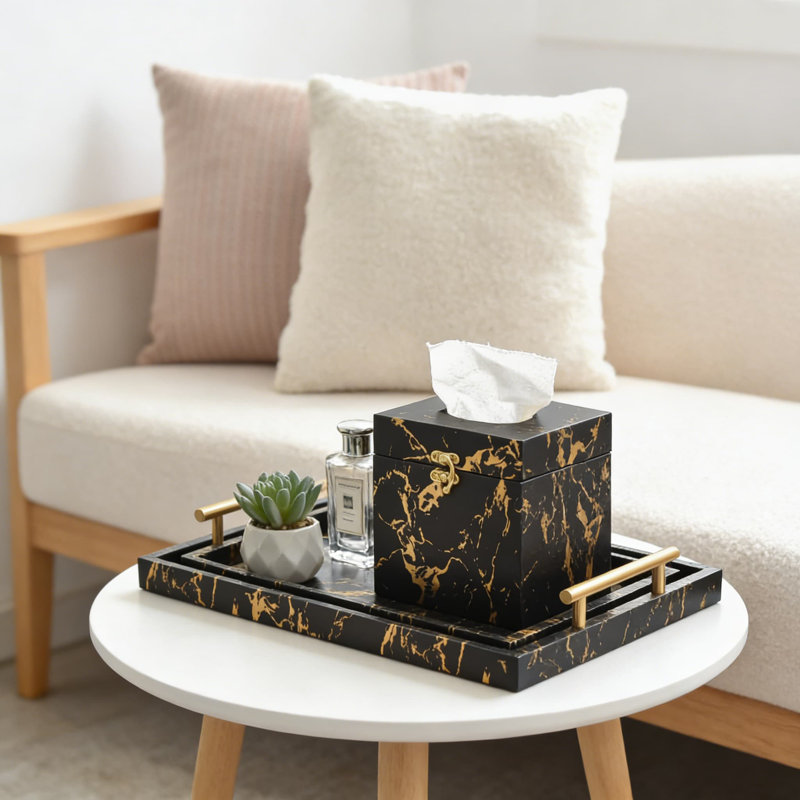 Modern Decorative Serving Tray Set Of 2 With Gold Handles, Black And Gold Marble Wood Tray For Coffee Table, Ottoman, And Home Decor