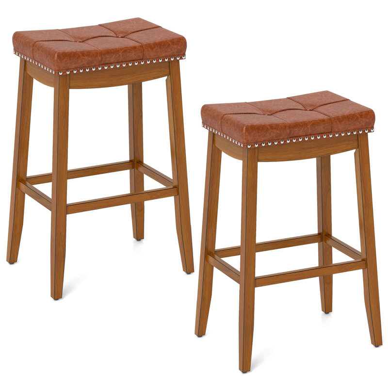 Saddle Bar Stools With Pu Leather Seat Solid Rubber Wood Frame Footrest, Bar Stool (29” Seat Height), 2