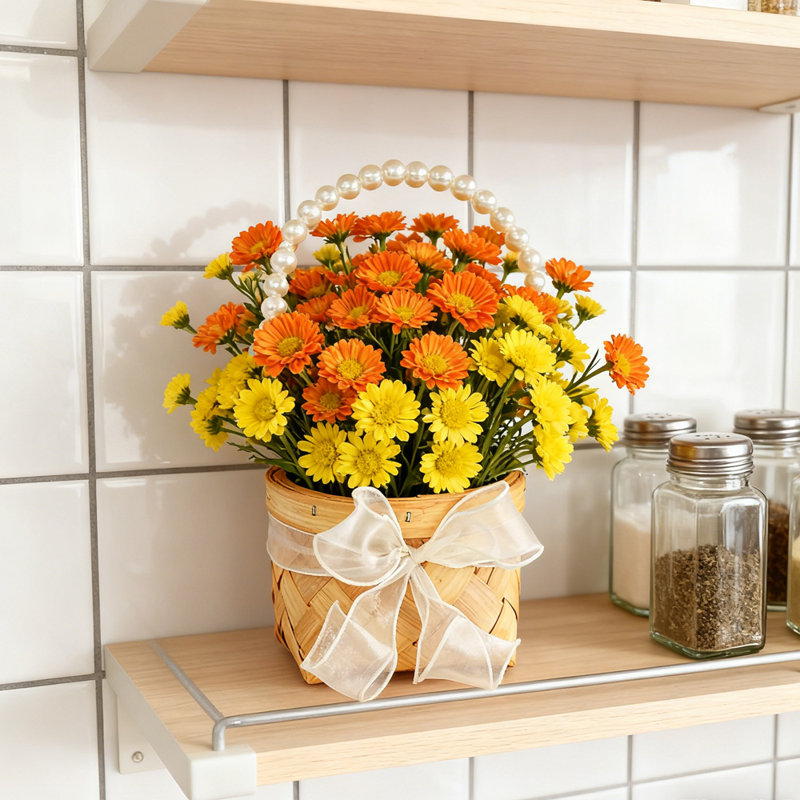 1 panier en osier tissé à la main avec poignée perlée et nœud en tulle délicat pour les mariages, les décorations de fête, les paniers de demoiselles ou le rangement chic