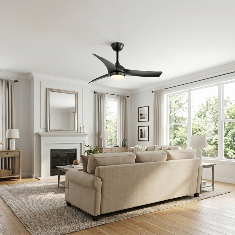  52-inch Modern Ceiling Fan with Light, 3 ABS Blades, DC Motor, 6 Speeds, Downrod Mount for Bedroom, Living Room, Matte Black
