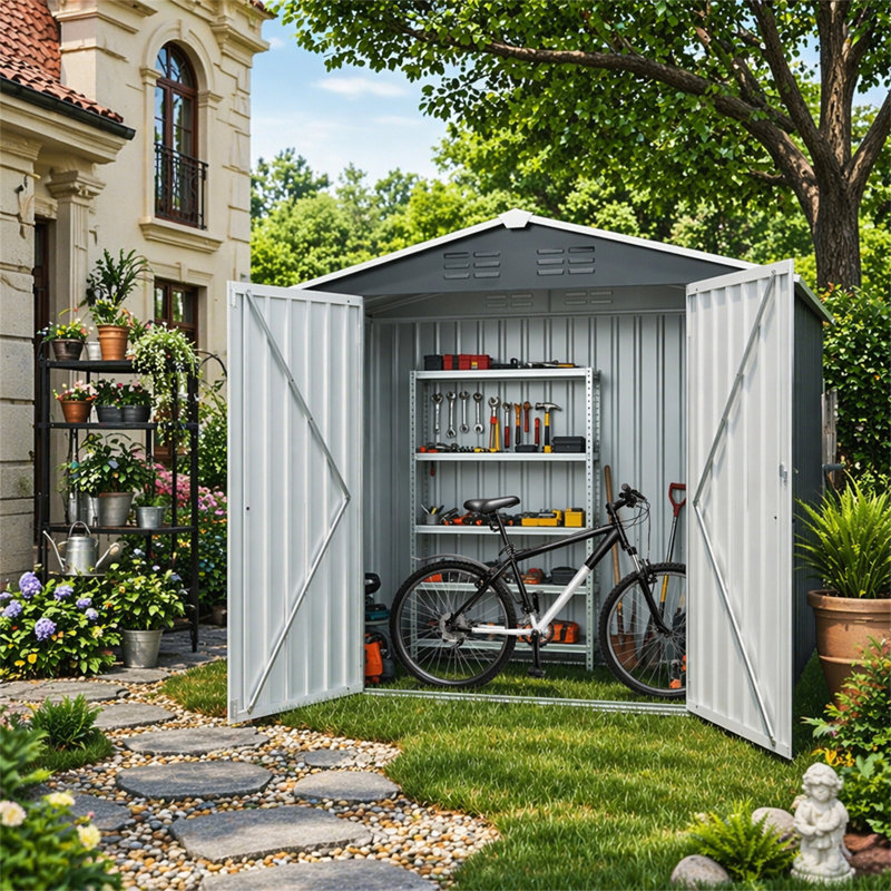 8Ft X 4Ft Outdoor Metal Storage Shed With Lockable Latch For Backyard