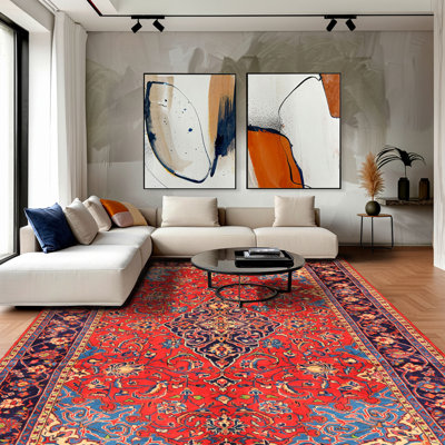 Tapis bleu marine en laine noué à la main 7 pi 7 po x 11 pi 8 po Medallio