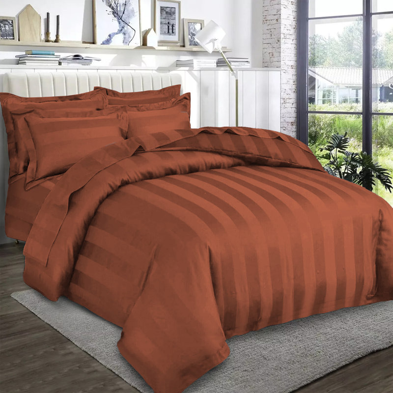 Renze Microfiber 250 TC Reversible Stripe Duvet Cover Set with Pillowcases, Rust, King Duvet Cover + 2 Standard  Pillowcases