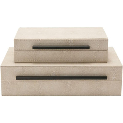 Sagala Set Of 2 Ivory Shagreen Decorative Boxes With Handles, Faux Leather Jewellery Boxes Modern Storage Boxes Photo Boxes Memory Boxes Home Organizer Box