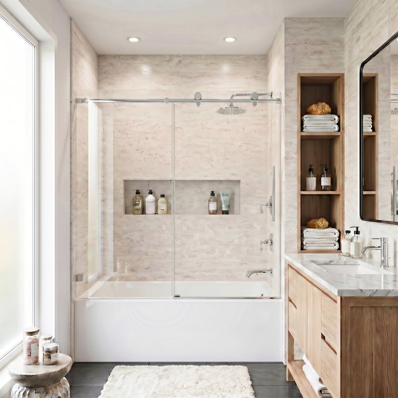 Porte de douche coulissante simple sans cadre l 56 à 60 po x H 60 po, Chrome chrome