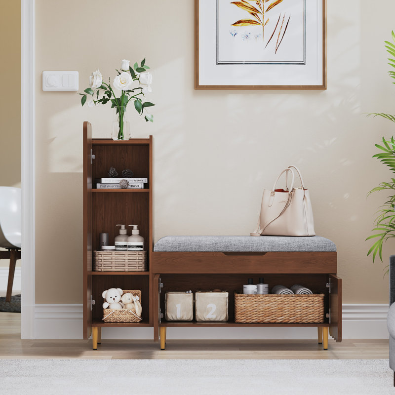 W Entryway Shoe Bench, Lift Top Storage Box,L Shape Living Room Shoe Organizer Cabinet,, Brown Geometric